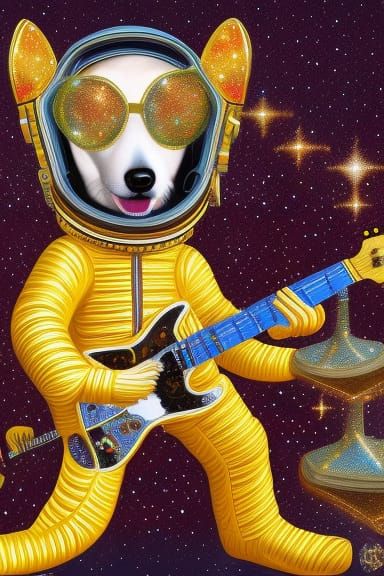 Astronaut Dog Plays Guitar in Space, Digital Oil Painting