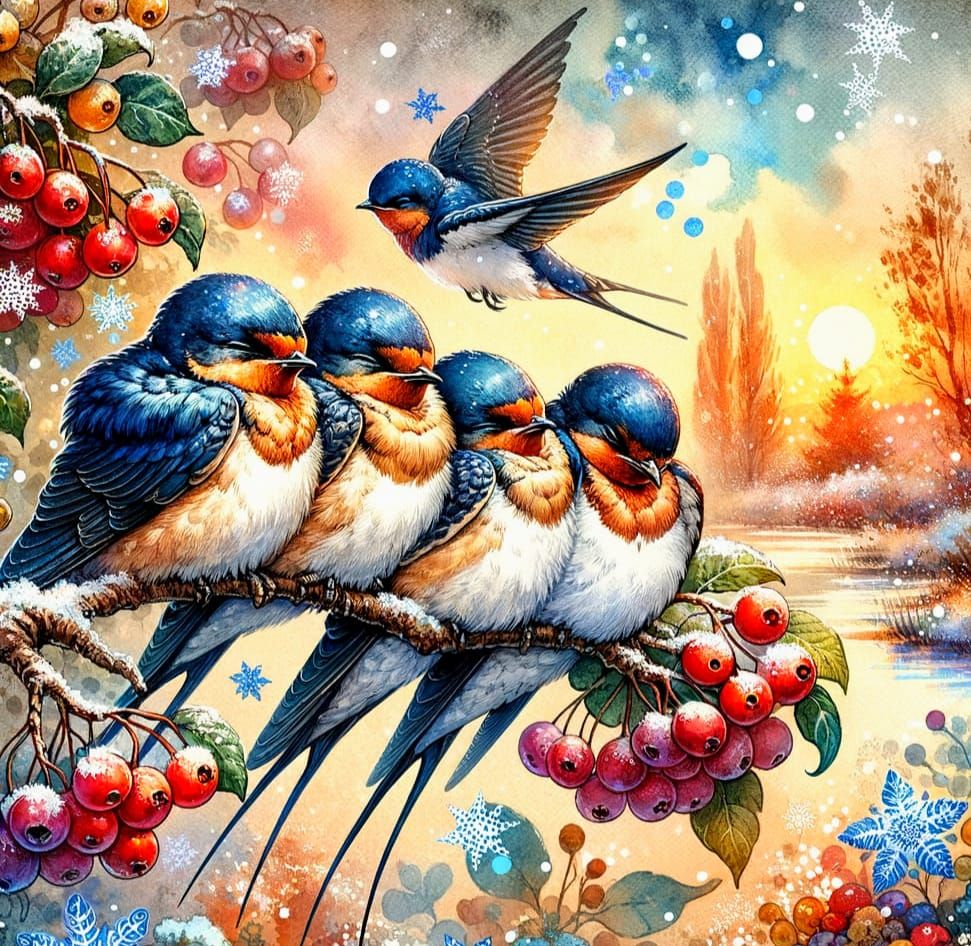 Warm Scene of Swallows in Watercolor Style