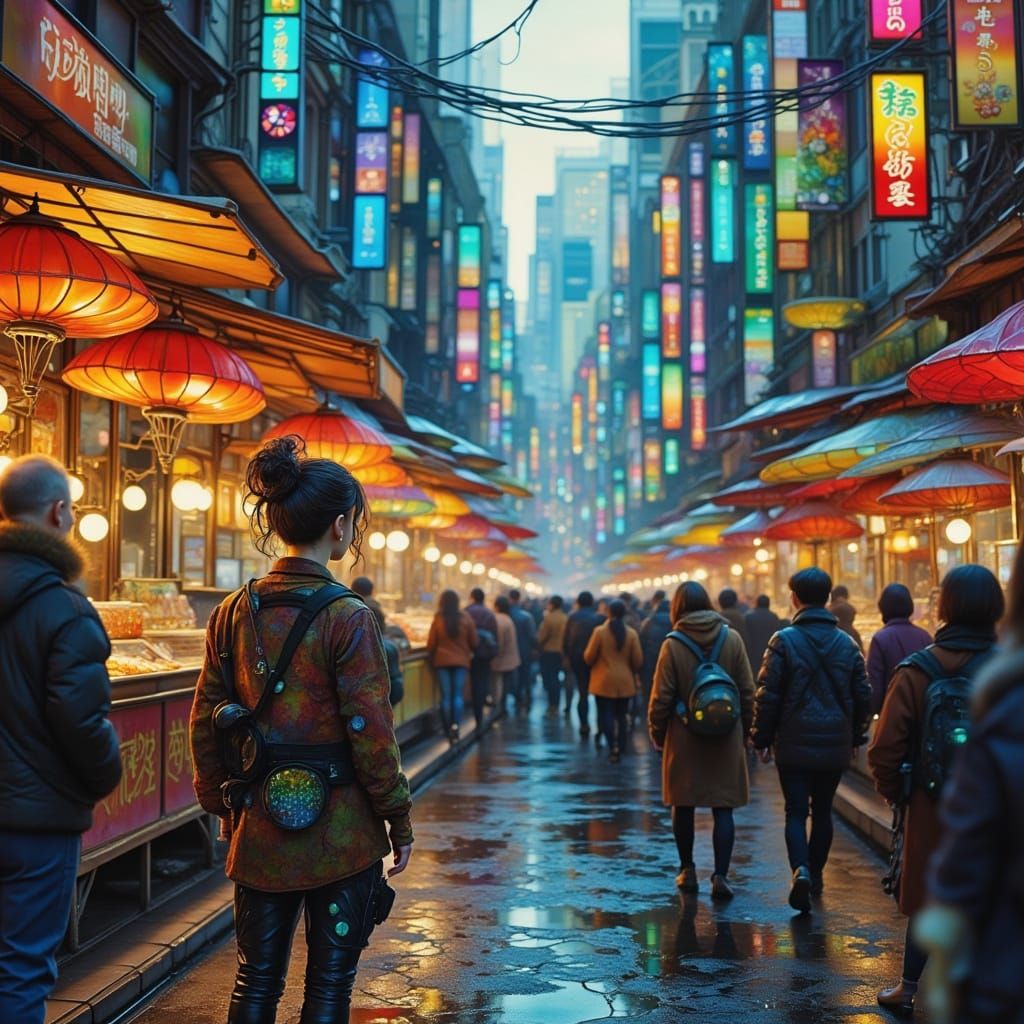 Cyberpunk Neo-Kyoto Street Market with Holographic Ads