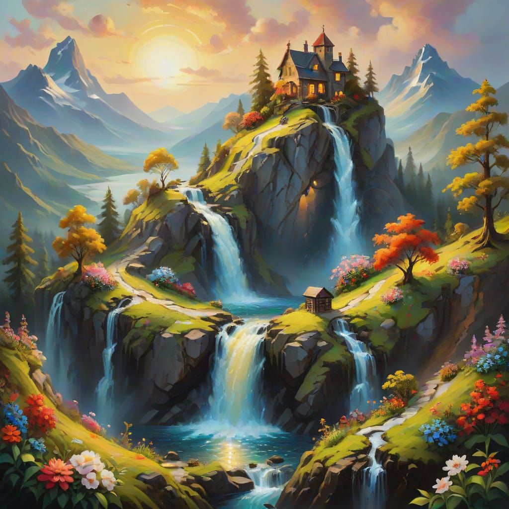 Surreal Oil Painting of Miniature World at Sunset