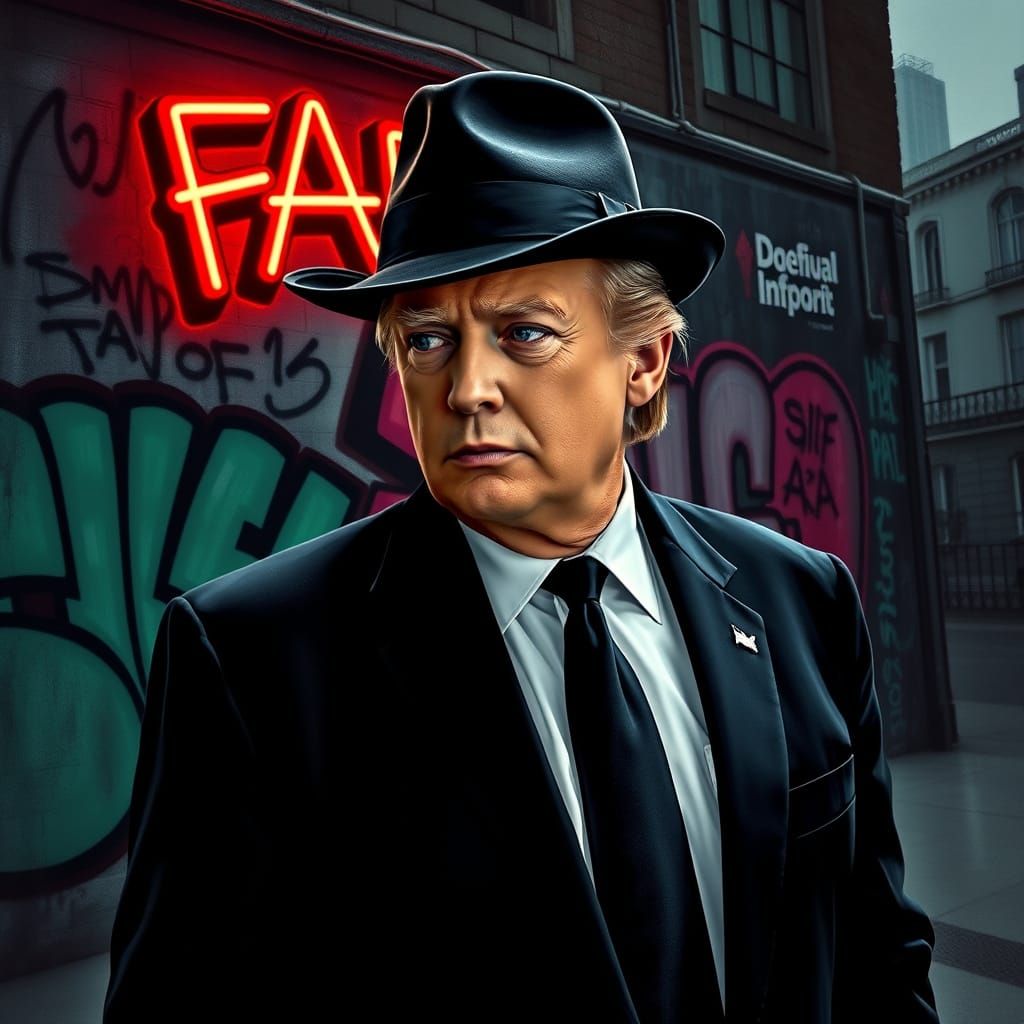 Photorealistic Donald Trump in Black Suit with Black Fedora