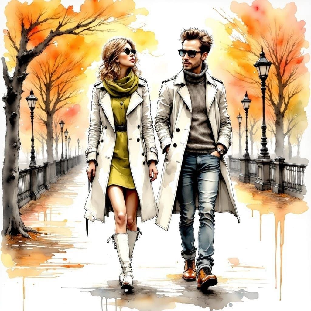 Mod Couple Walking in Central Park in Vibrant Autumn Colors