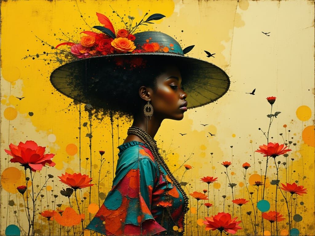 Black Woman in Colorful Outfit and Feathered Hat