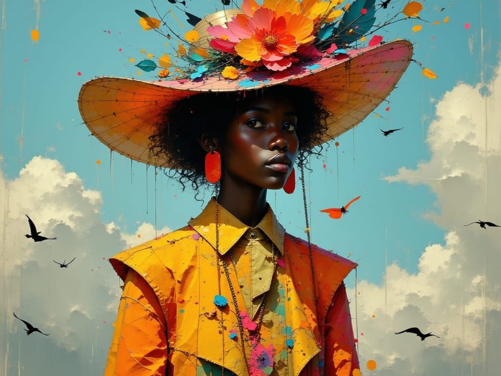 Black Woman in Extravagant Hat, Modern Art Style
