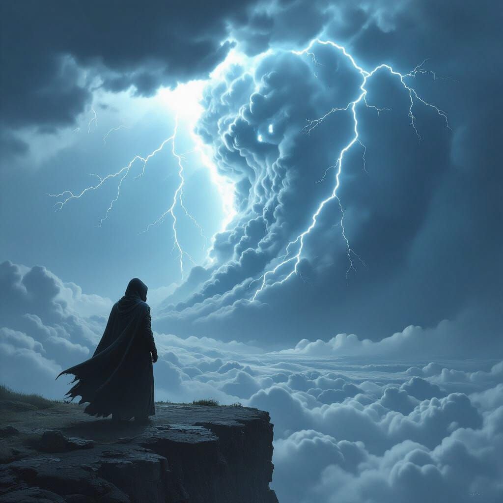 Figure Defies Colossal Storm on Cliff Edge