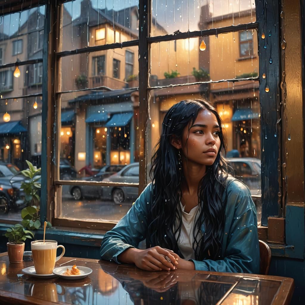 Teenage Girl in Rainy Cafe: Fantasy Concept Art