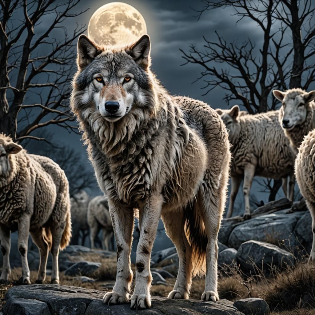 Hyperrealistic Sheep Wolf Under Full Moon