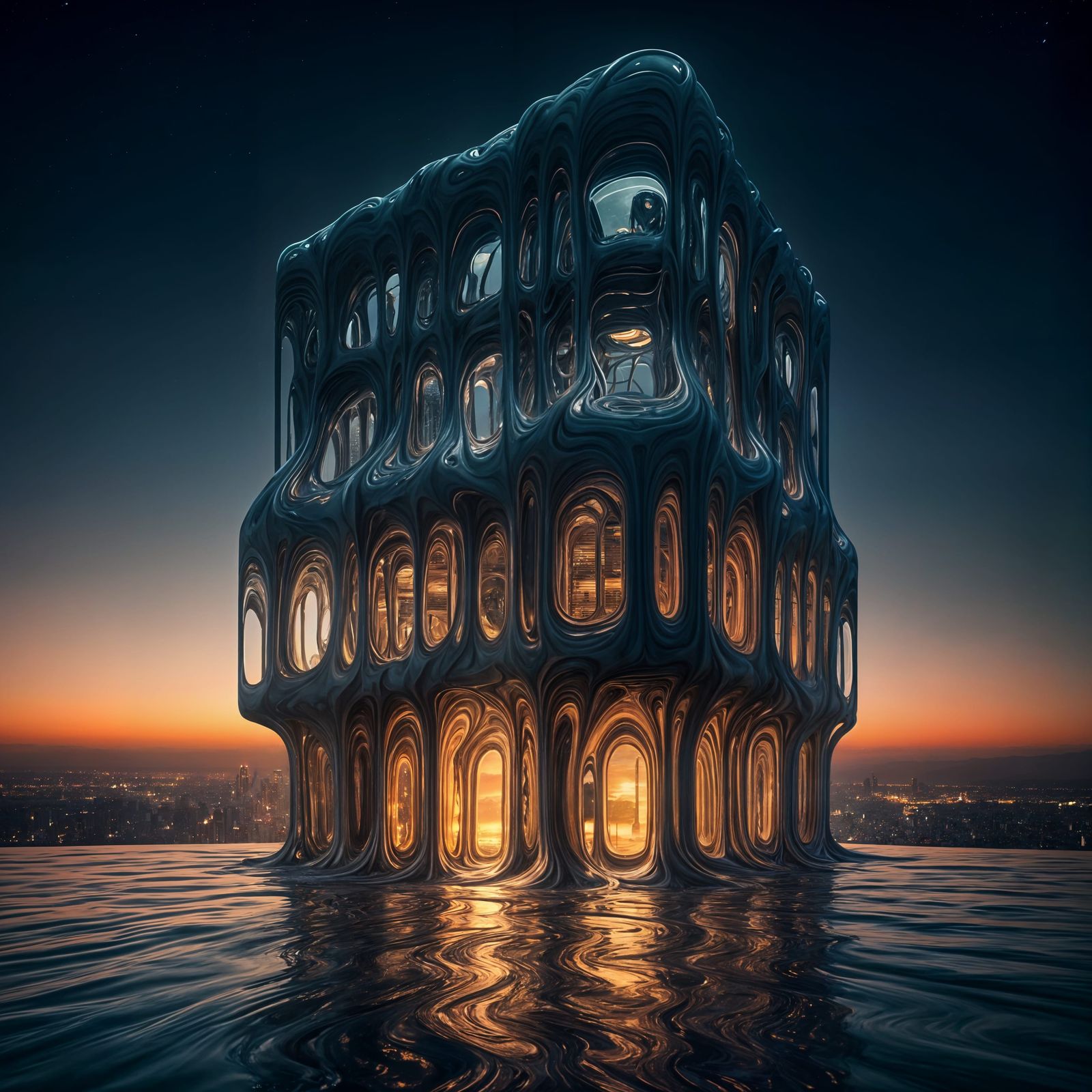 Liquid Architecture Skyscraper in Twilight City