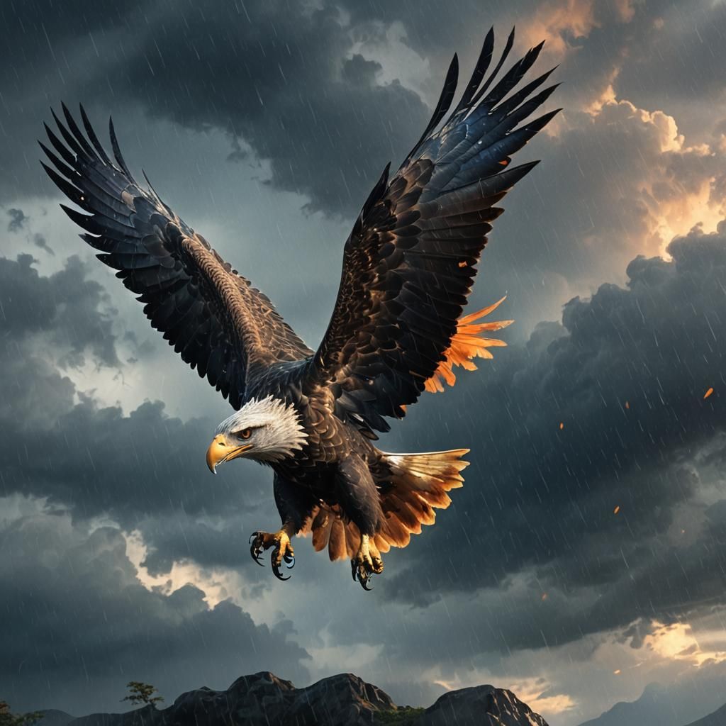 Majestic Eagle Flying Through Stormy Skies