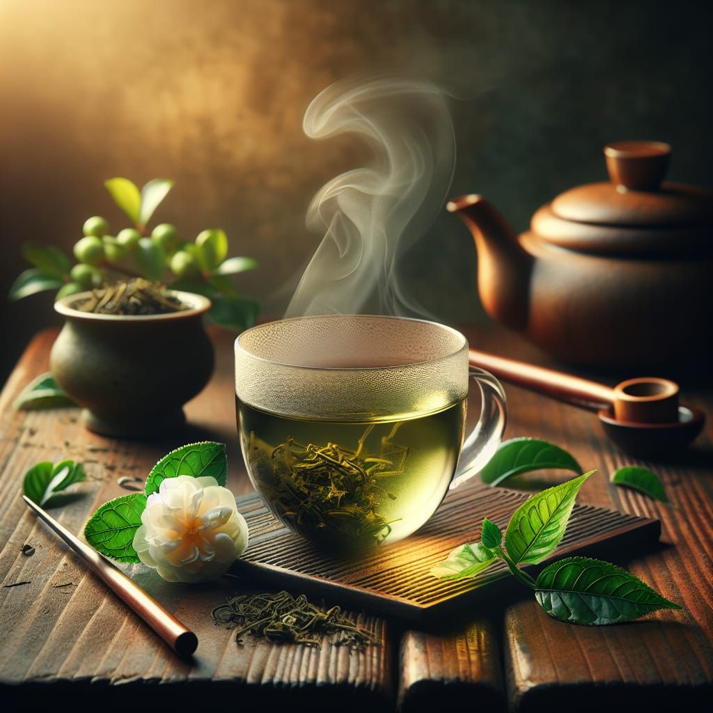 Steaming Green Tea Cup on Wooden Table