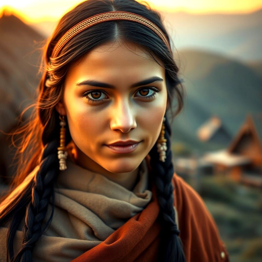 Gentle Cherokee Maiden in Evening Village Glow