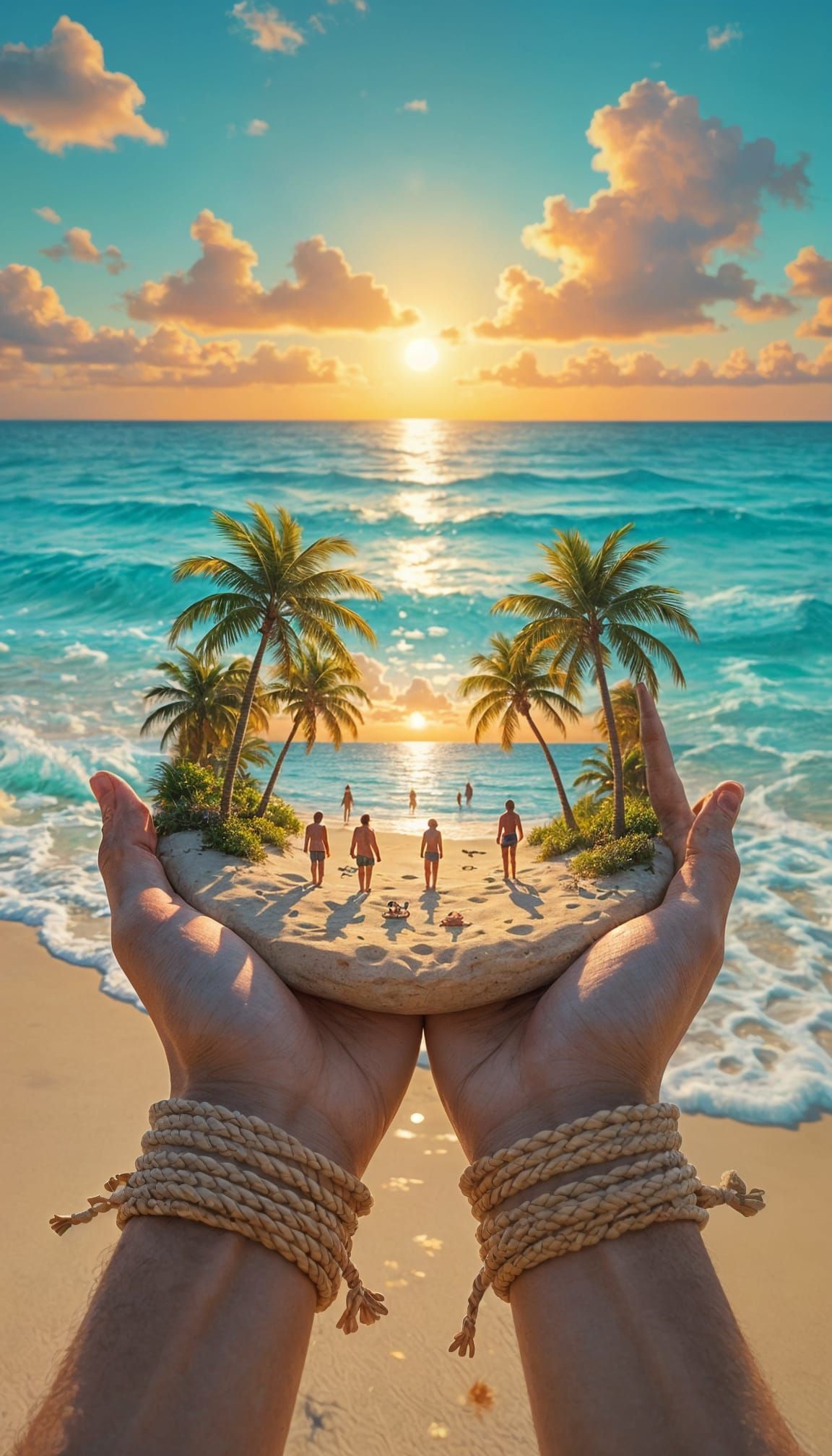 Hands Holding Miniature Beach Scene with Sunset Glow