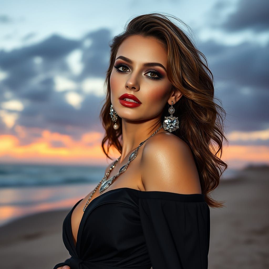 Seductive Woman with Smoky Eyes Posing on Beach