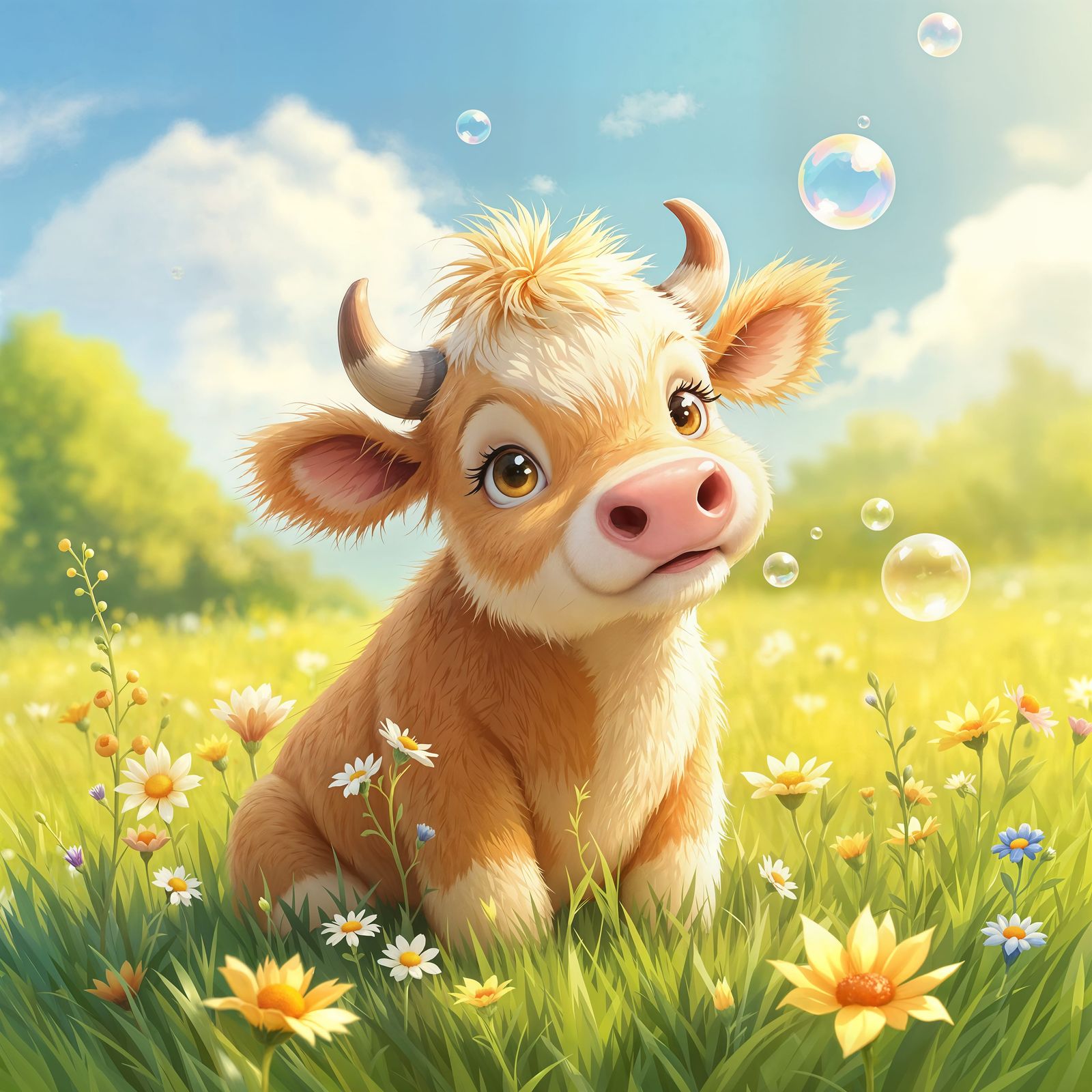 Joyful CGI Cartoon Bull Blows Bubbles in Sunny Field