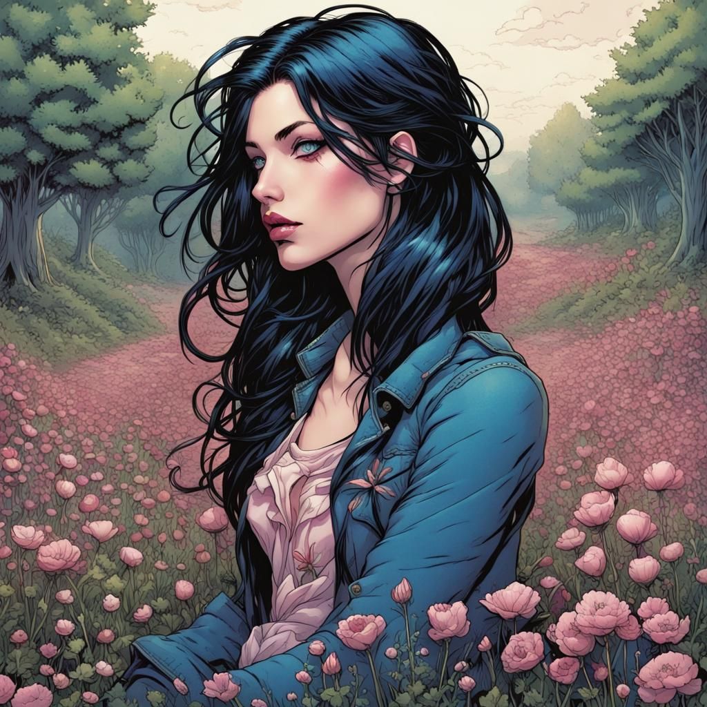 Woman in Flower Meadow: Comic Book Art