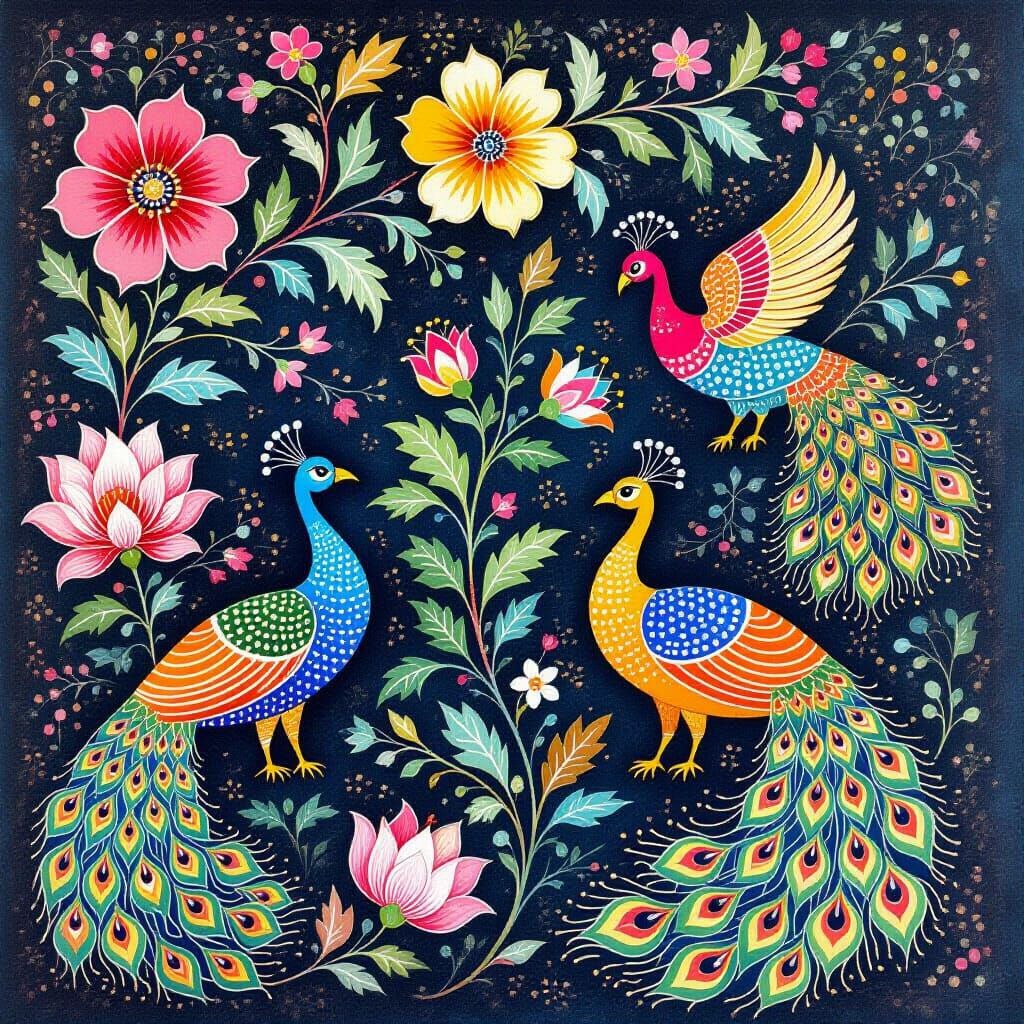 Vibrant Batik Painting of Peacocks Amidst Flowers and Leaves