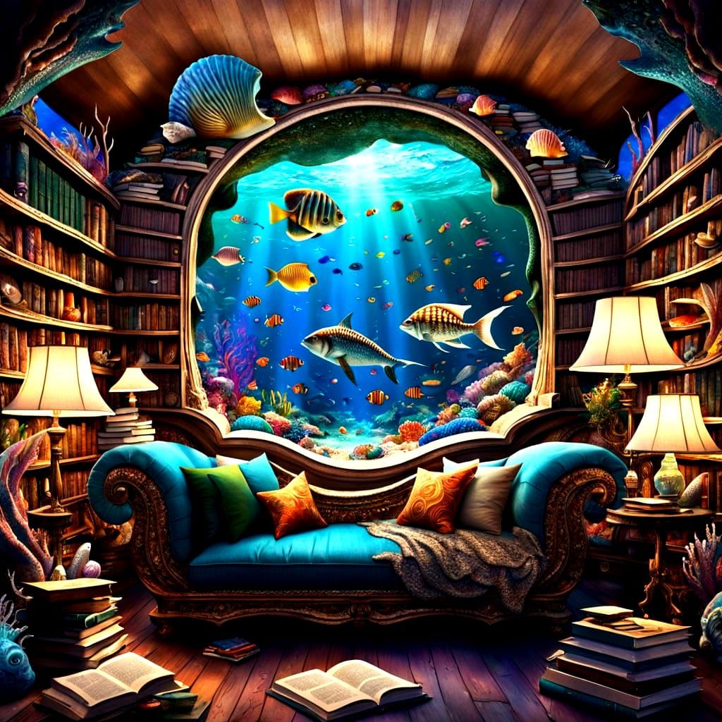 Mermaid Reading in Seashell Library