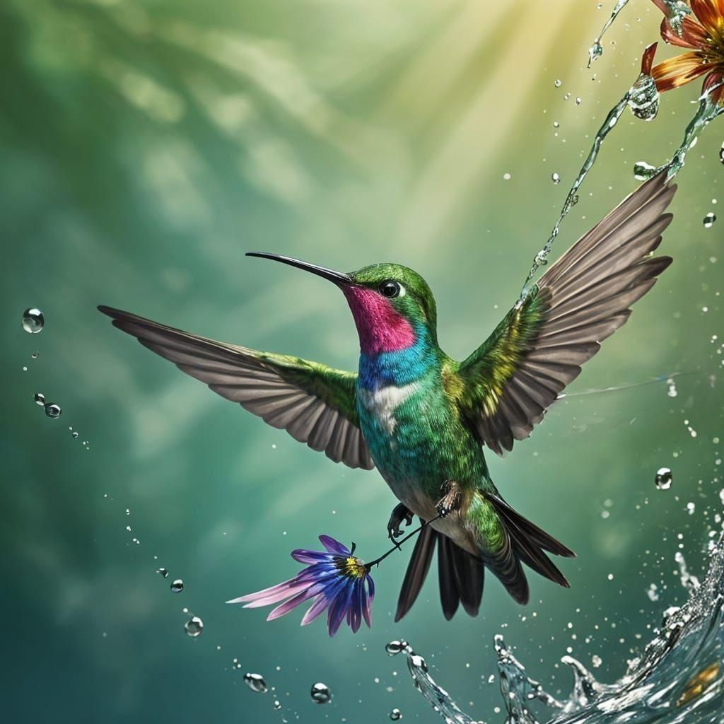 Hummingbird in Flight: Hyperrealistic Splash Art