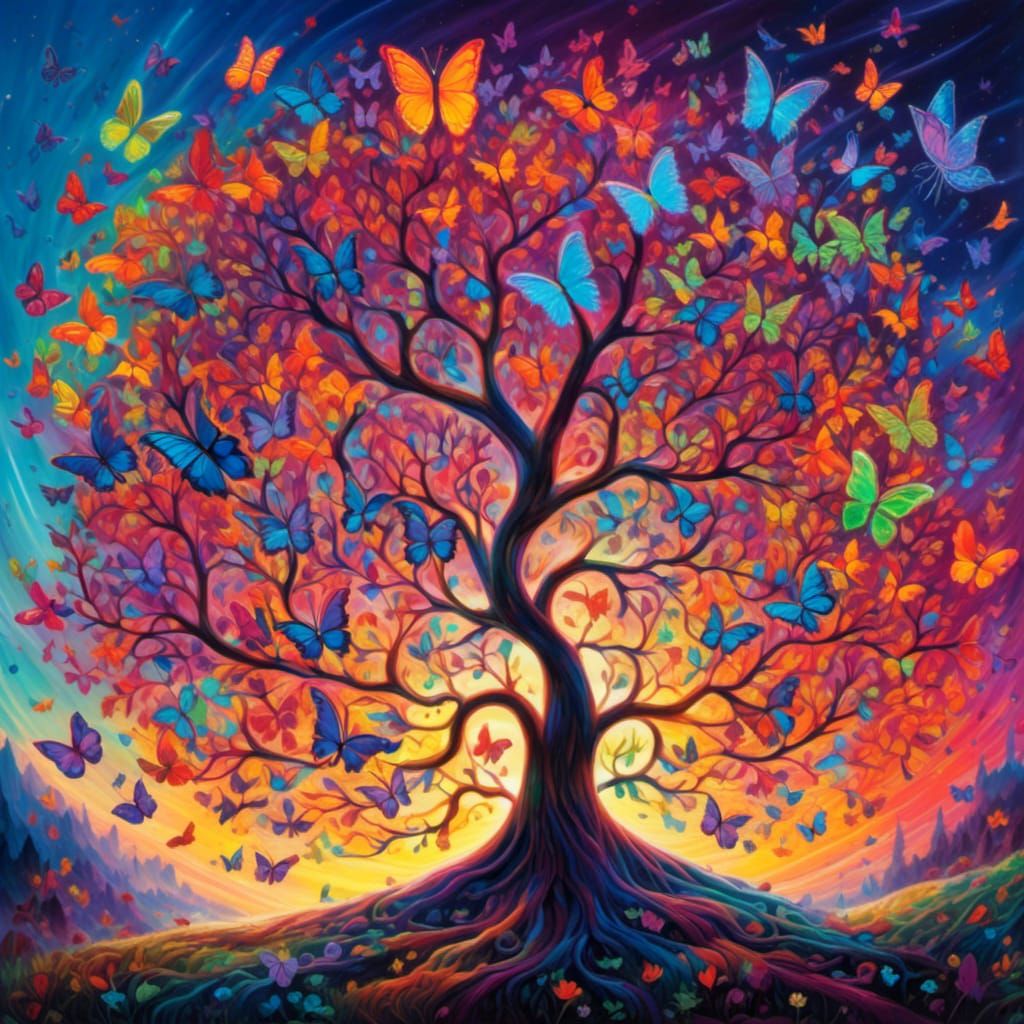 Neon Tree of Life with Butterflies in 3D