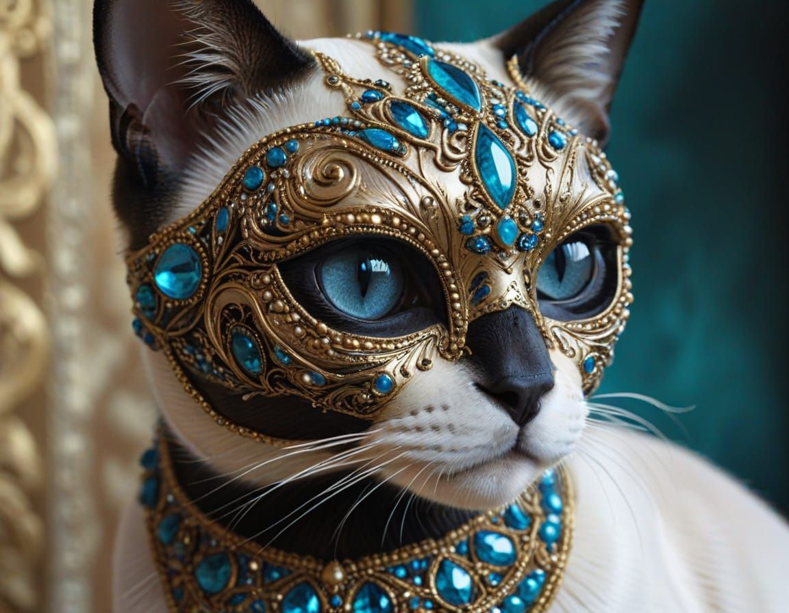Photo-Realistic Siamese Cat in Bejewelled Masquerade Mask