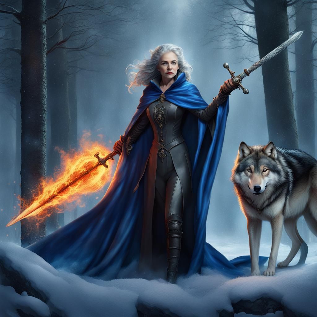 Magician with Wolf in Snowy Forest