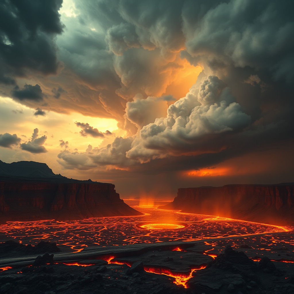 Flaming Lava Lake Under Stormy Heavens