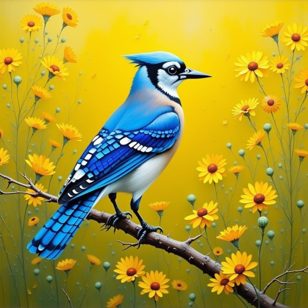 Blue Jay Among Yellow Flowers
