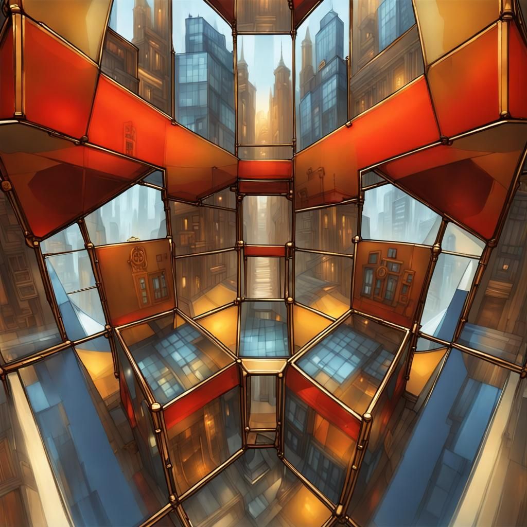 Steampunk City in Glass Cube, Mondrian Style