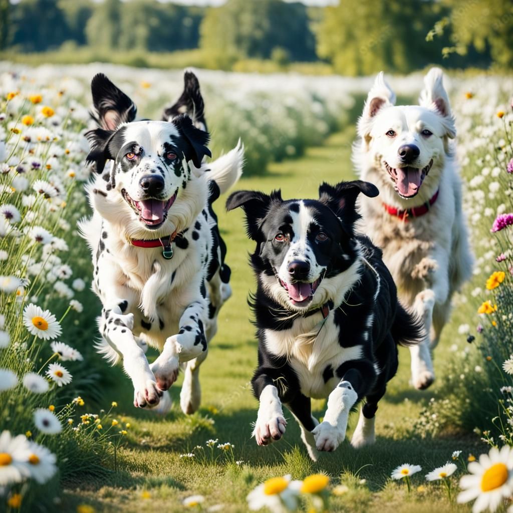 Dogs Play in Sunny Flower Field