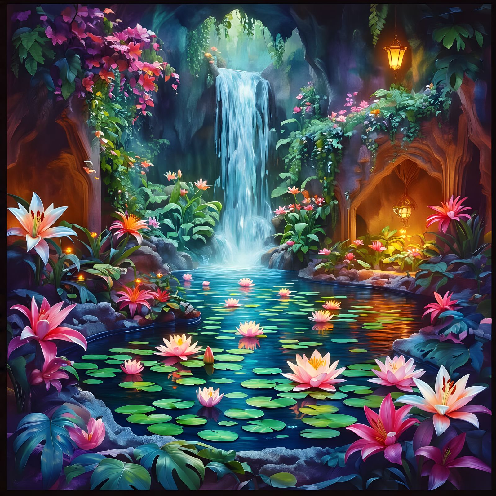 Bioluminescent Lily Pond in Hidden Grotto: Gouache Painting