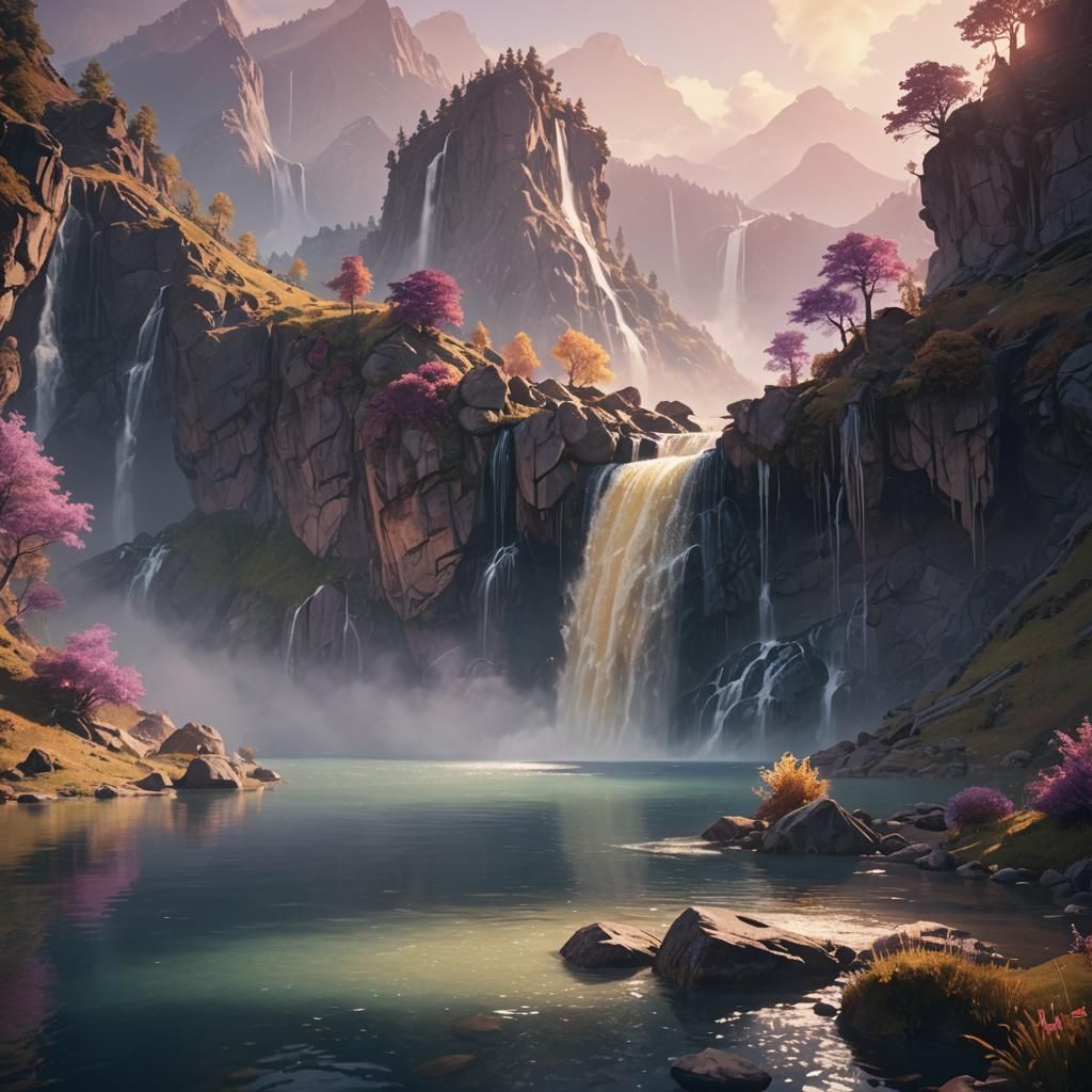 Ethereal Lake and Waterfall Landscape in Pastel Hues