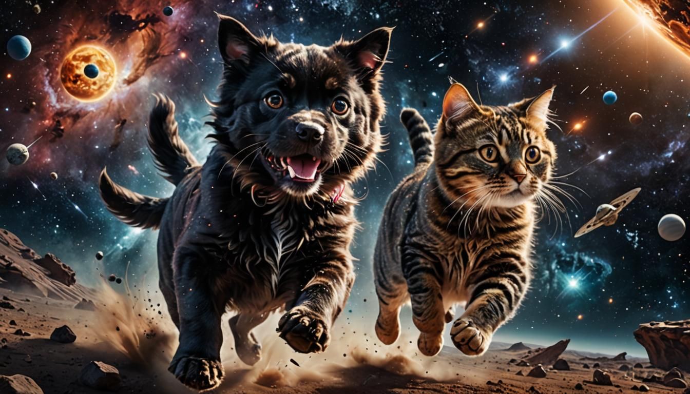 Dog Chasing Cat in Space: Hyperrealistic Galaxy Scene