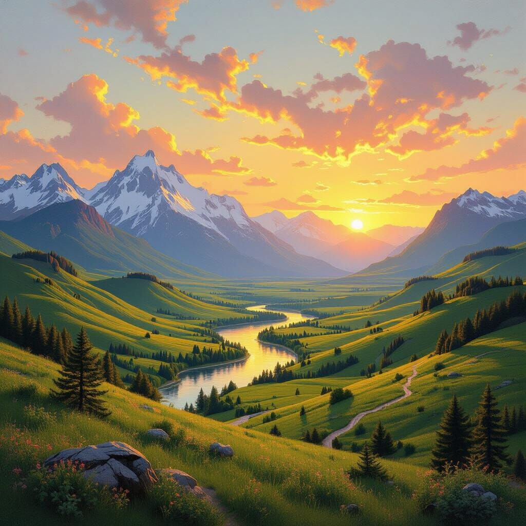 Golden Sunset Over Lush Hills and Snowy Peaks