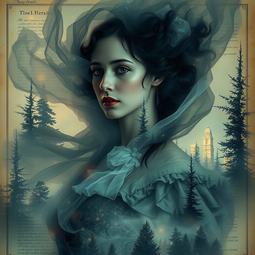 Enigmatic Woman in Dreamlike Landscape