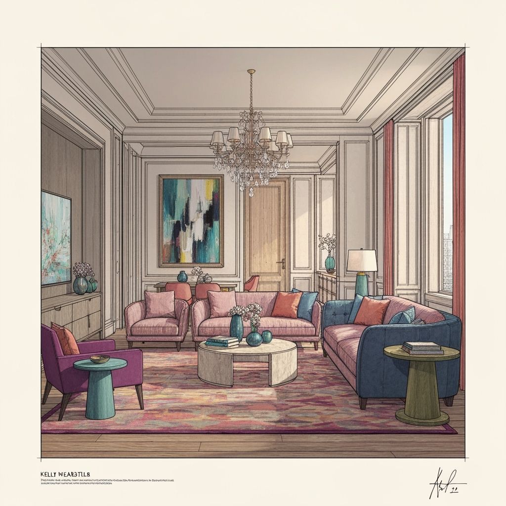 Luxurious Living Room Architectural Drawing with Vibrant Col...