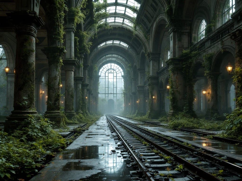 Neo-Classical Train Station Ruins in Ethereal Lighting