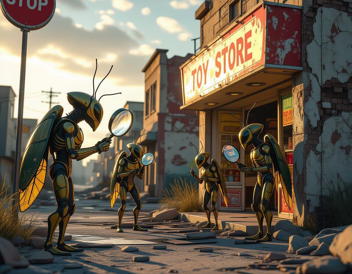 Insectoid Aliens Inspect Ruined City in Photorealistic Style