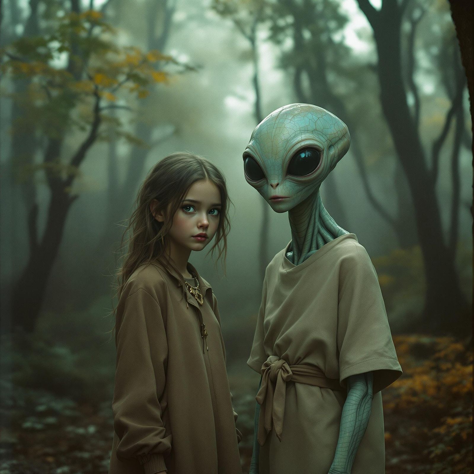 Girl and Alien Friend in Mystical Forest