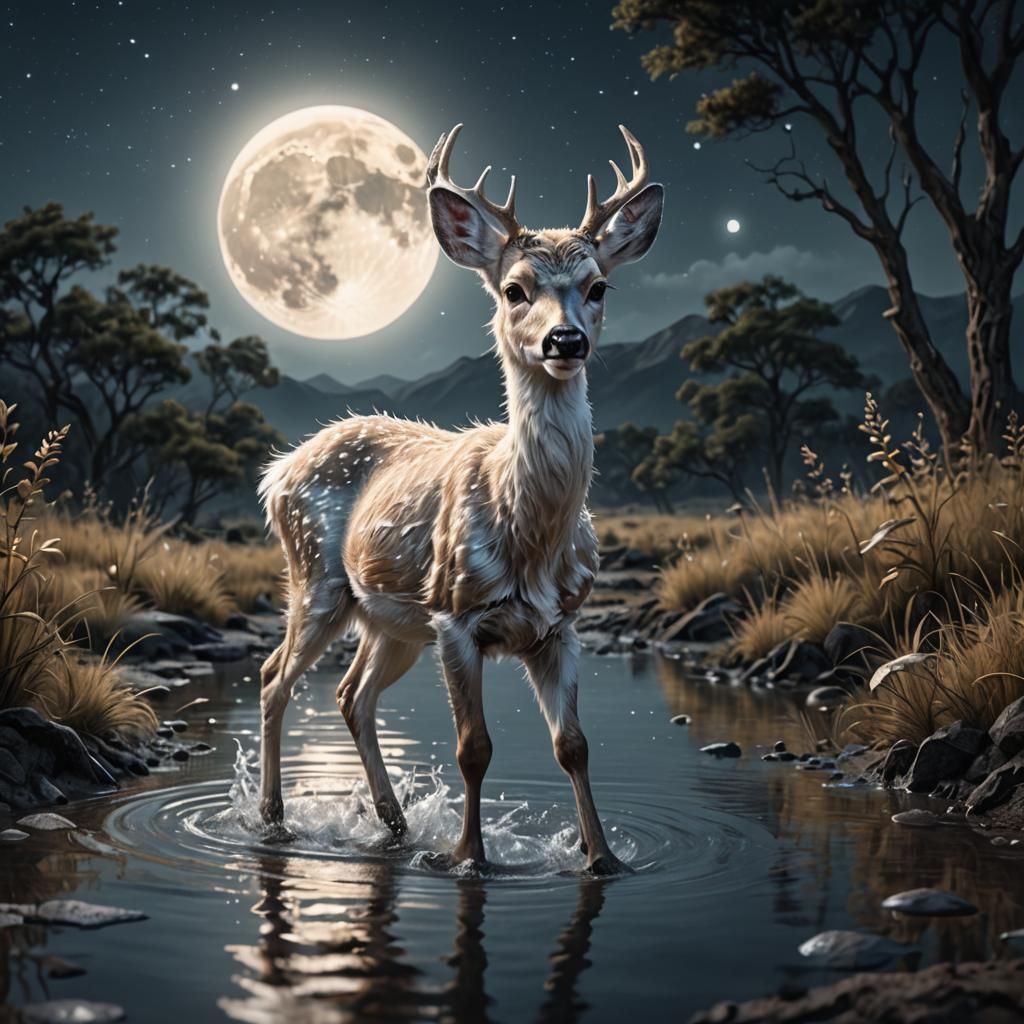 White Deer Drinks Under Full Moon: Digital Painting