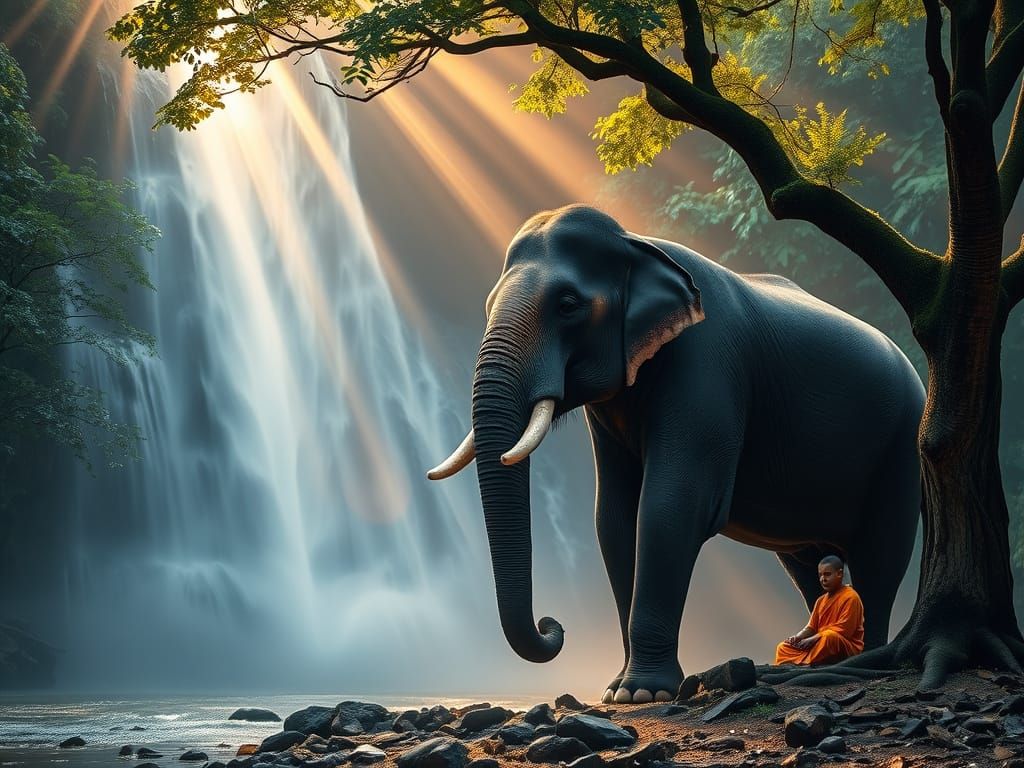 Elephant in Golden Thai Waterfall Landscape
