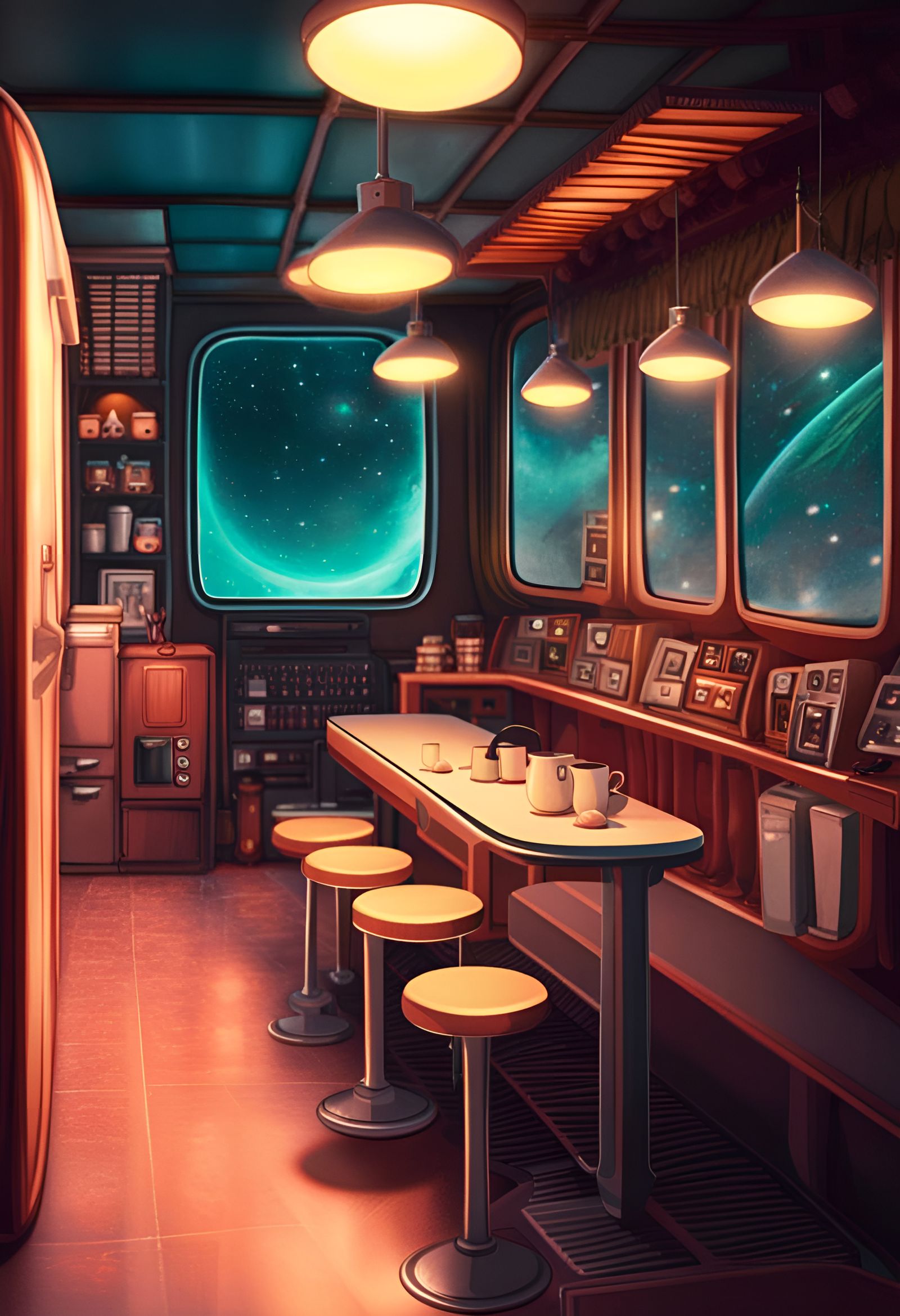 Anime Coffee Shop Spaceship with Aliens