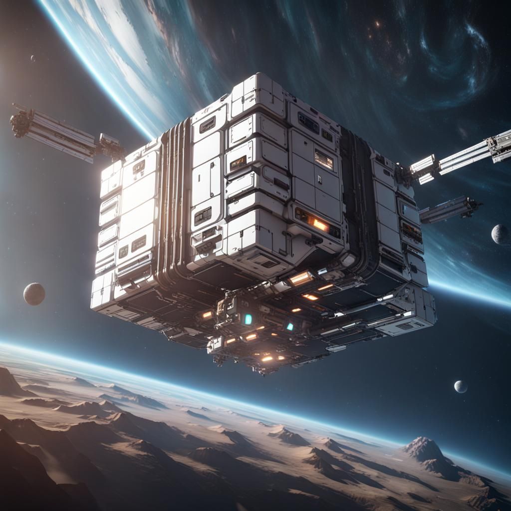 Cube Space Station in 3D Game Cinematic Style