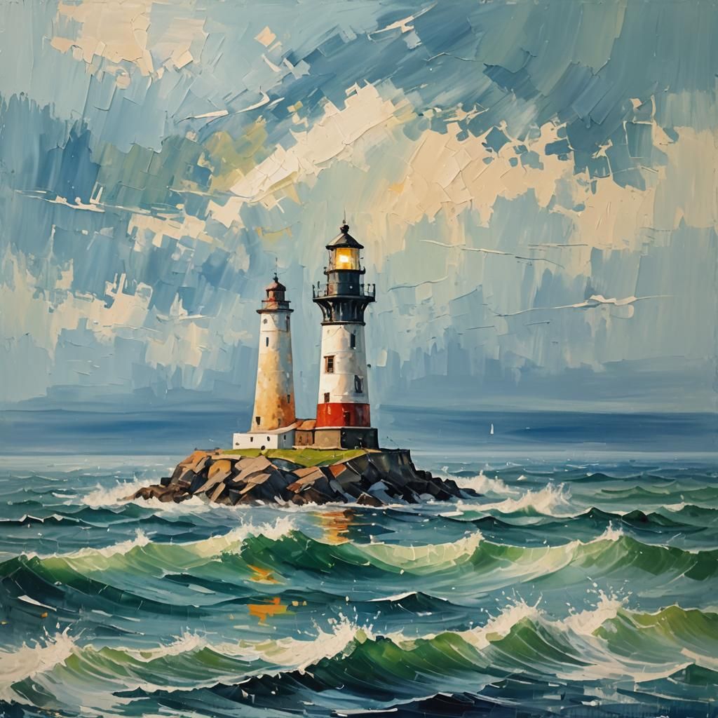 Impressionistic Lighthouse in Open Sea: Abstract Art
