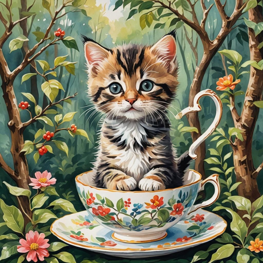 Kitten in Teacup: Gouache Watercolor Impressionist Painting