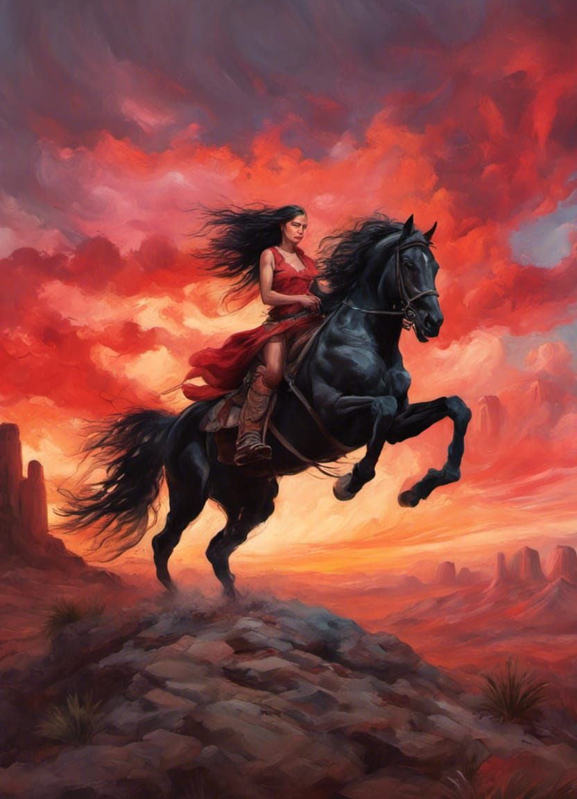 Cowgirl on Black Horse at Sunset, Oil Painting