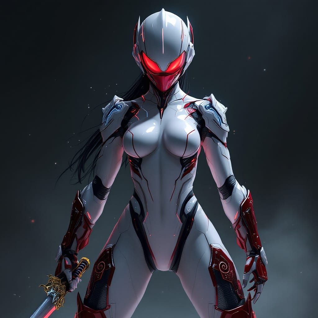 Female Ninja in White Bodysuit with Cybernetic Helm