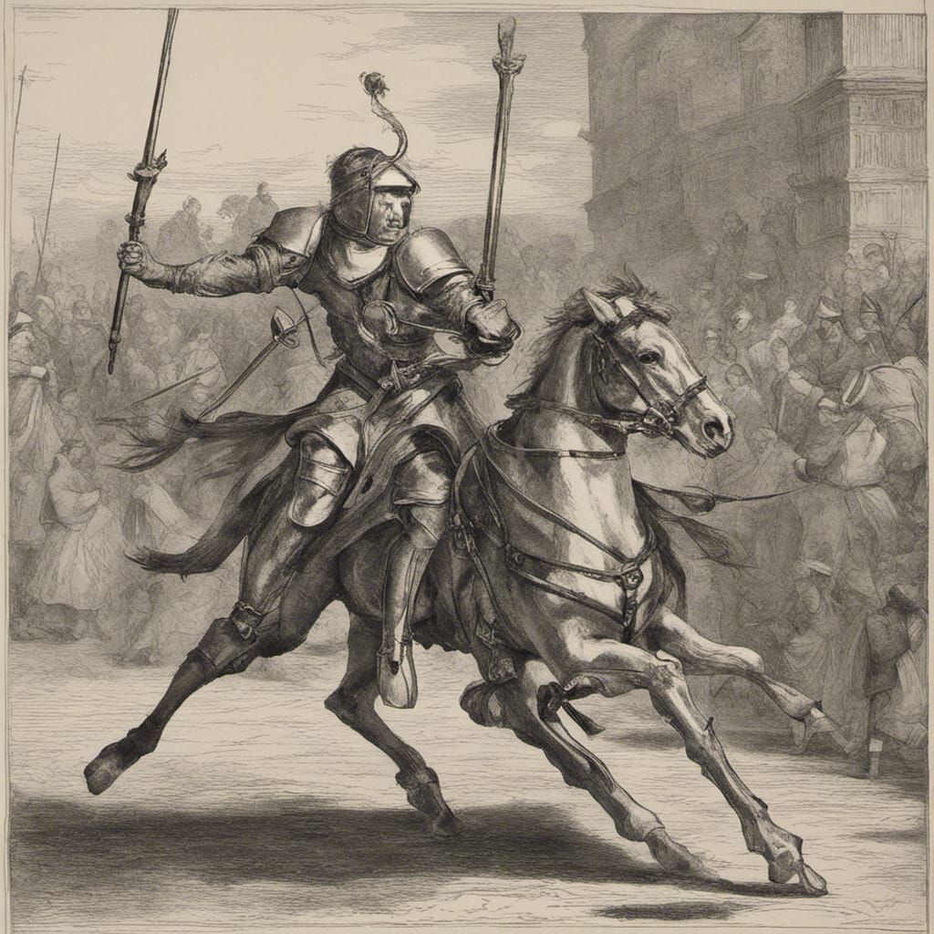two knights charging towards each other with lances in hand in a royal jousting tournament