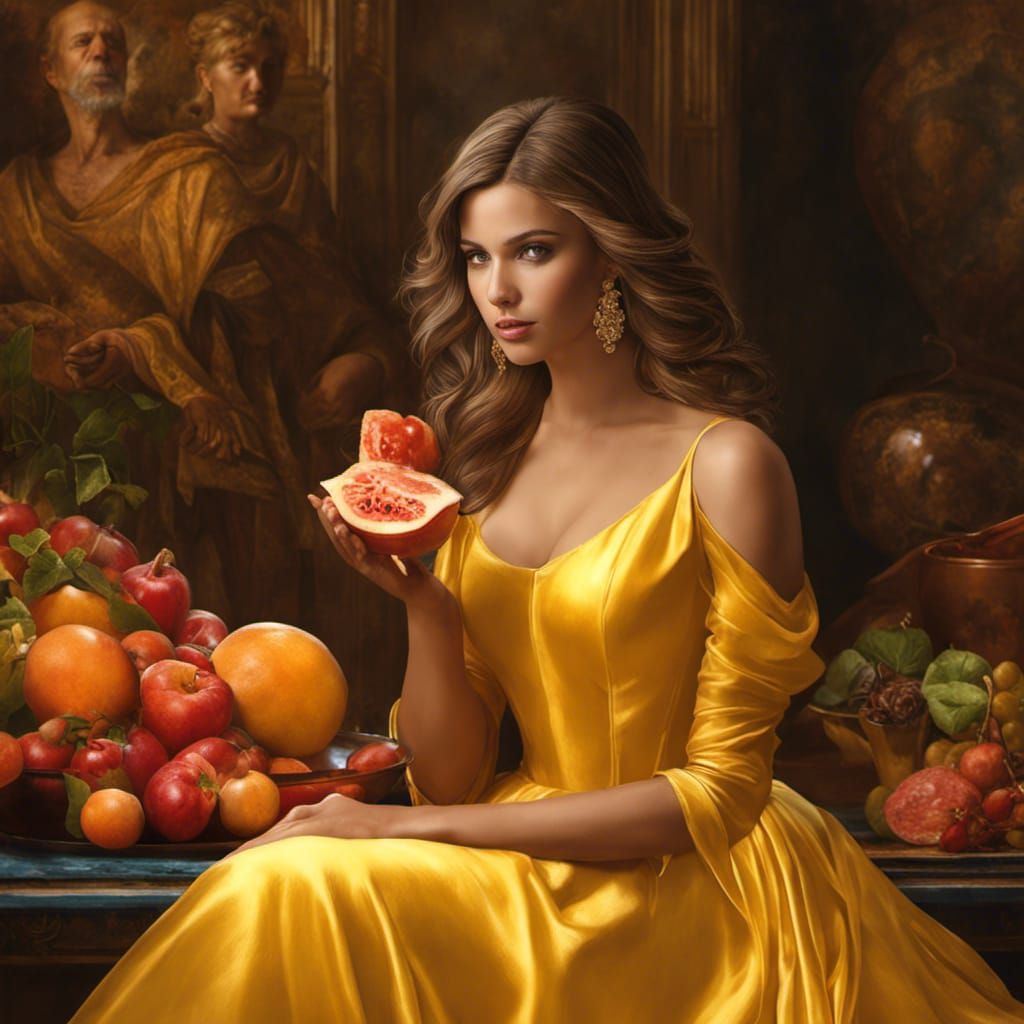 Woman in Gown Eating Watermelon, Hyperrealistic Art