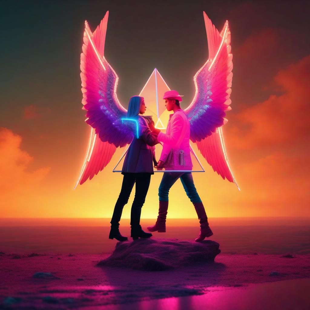 Angelic Octahedron in Neon Sky, Hyperrealistic HDR