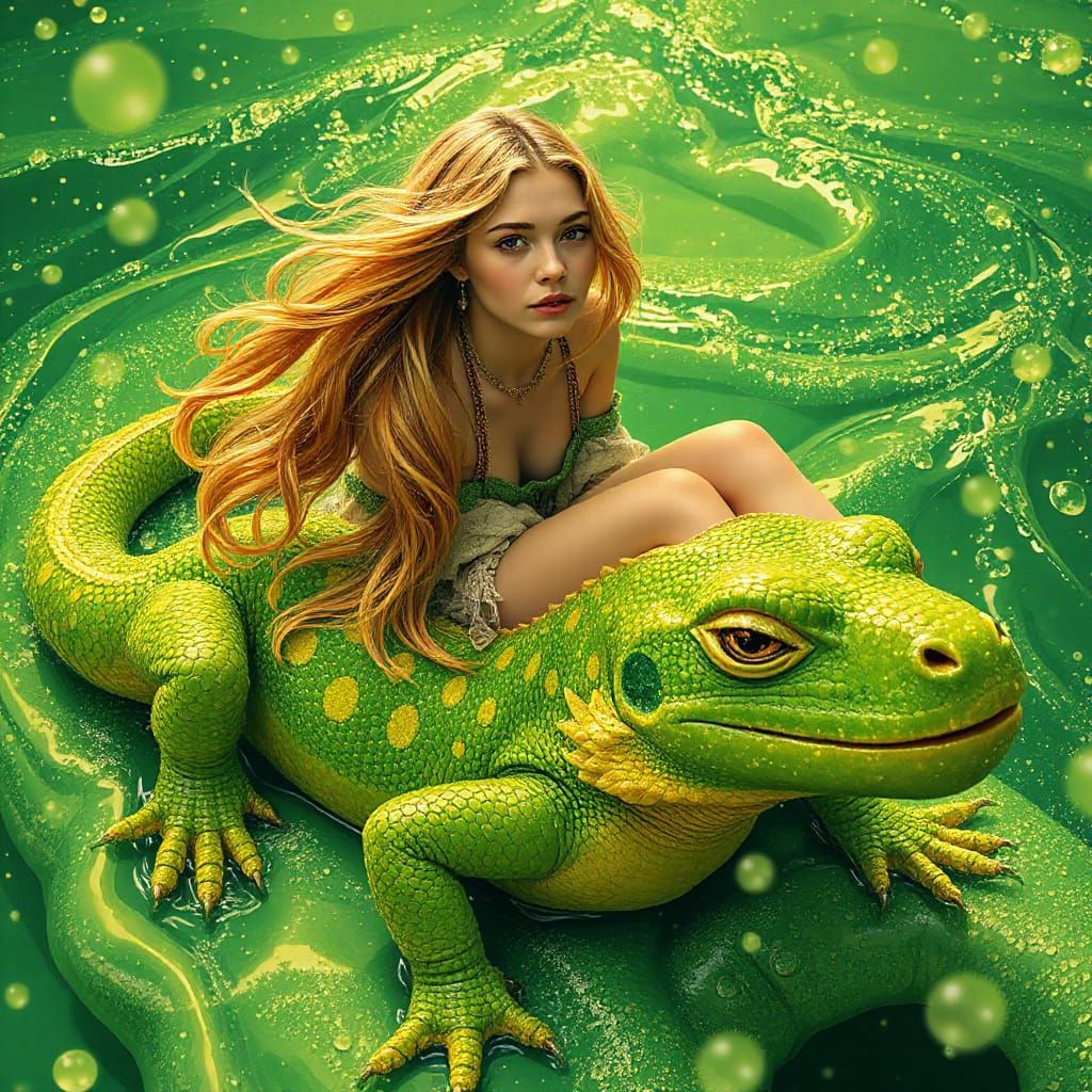 Woman on Gummy Salamander in Soda Sea